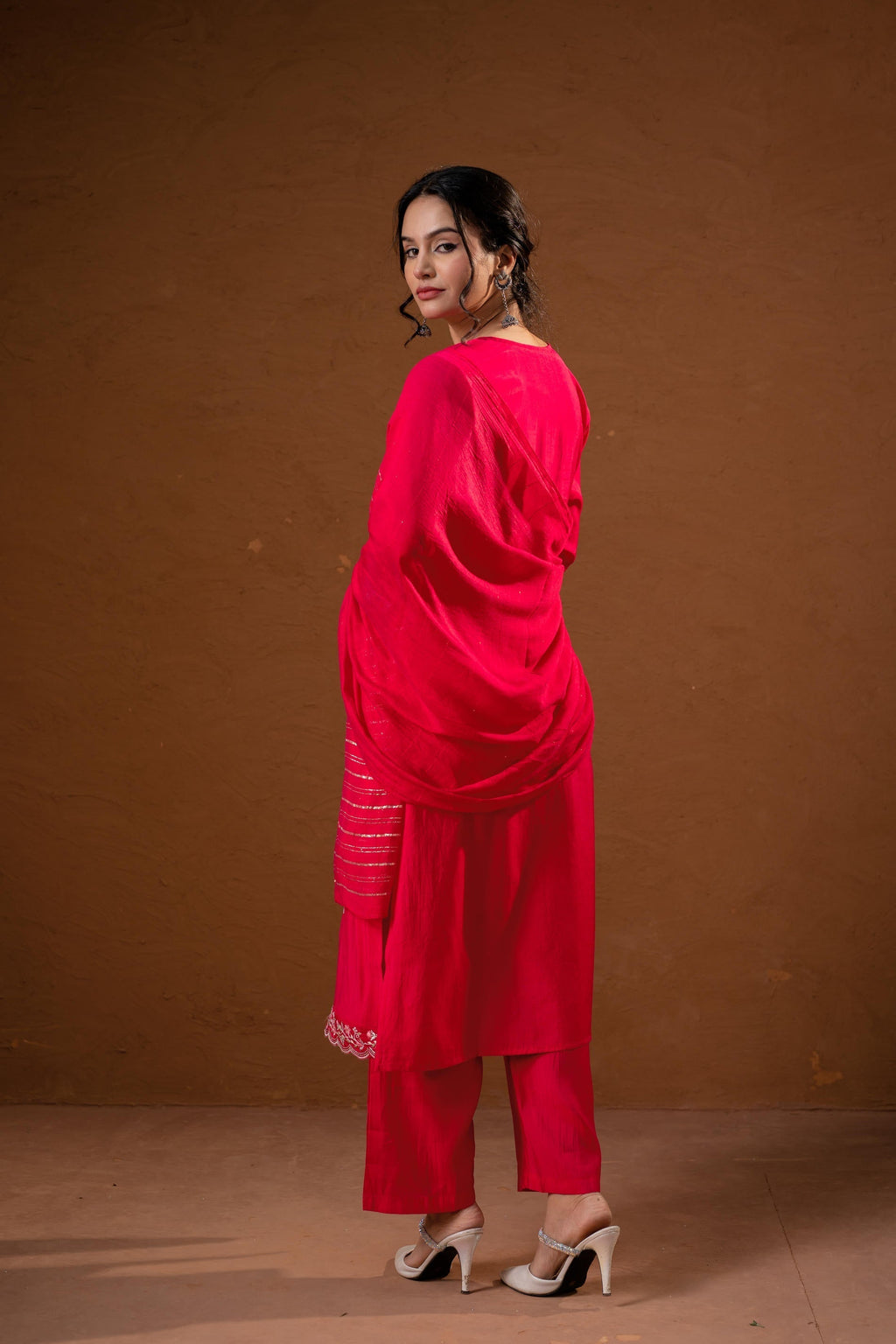 Juniper Fuchsia Zari Embroidered Straight Kurta Set With Matching Pant & Dupatta | Grocsy