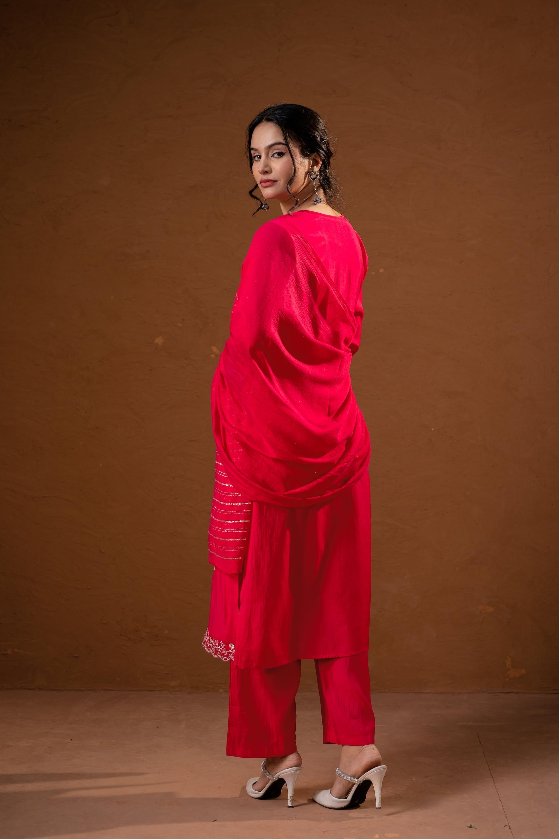 Juniper Fuchsia Zari Embroidered Straight Kurta Set With Matching Pant & Dupatta | Grocsy
