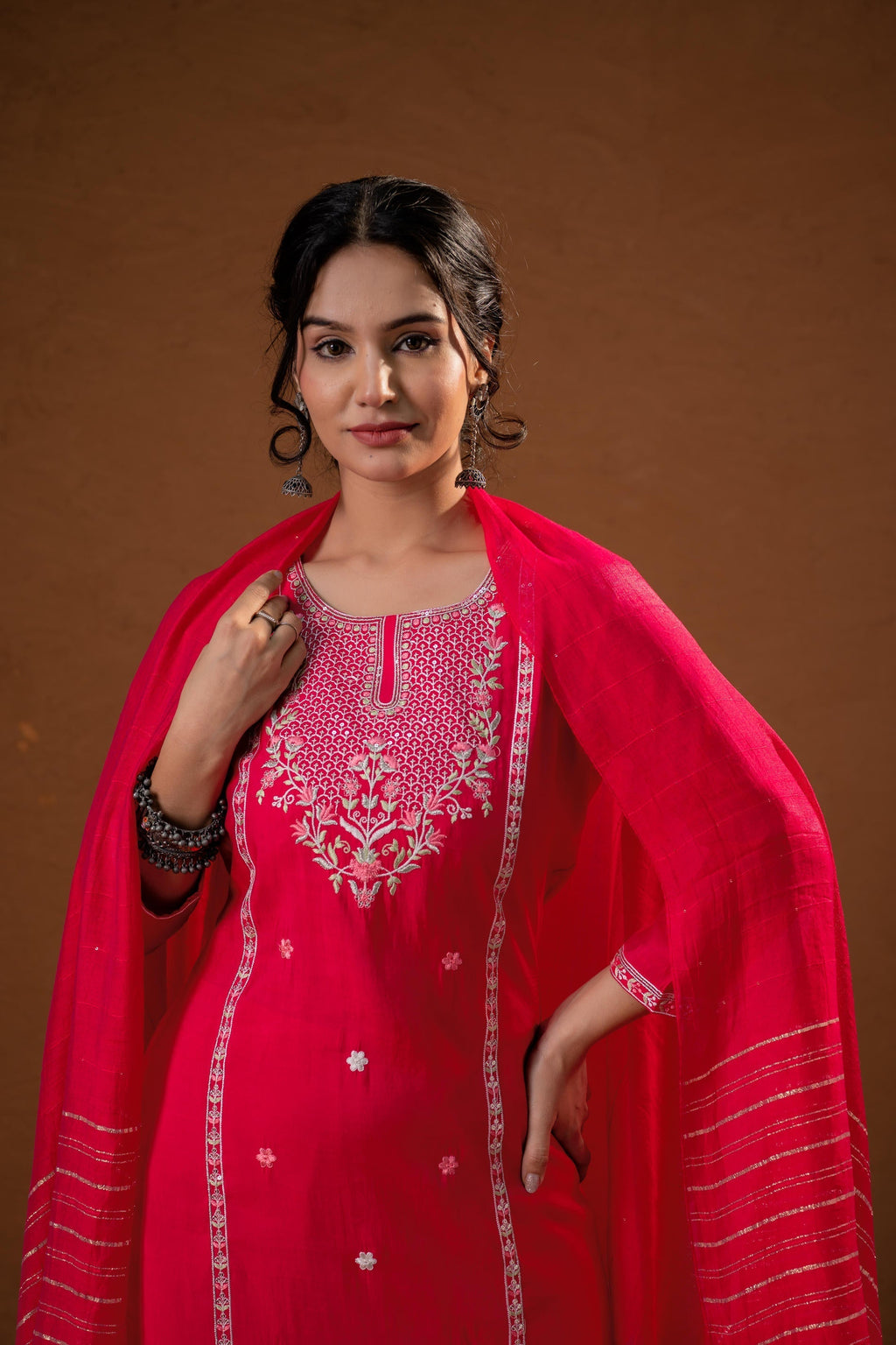Juniper Fuchsia Zari Embroidered Straight Kurta Set With Matching Pant & Dupatta | Grocsy