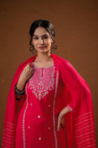 Juniper Fuchsia Zari Embroidered Straight Kurta Set With Matching Pant & Dupatta | Grocsy