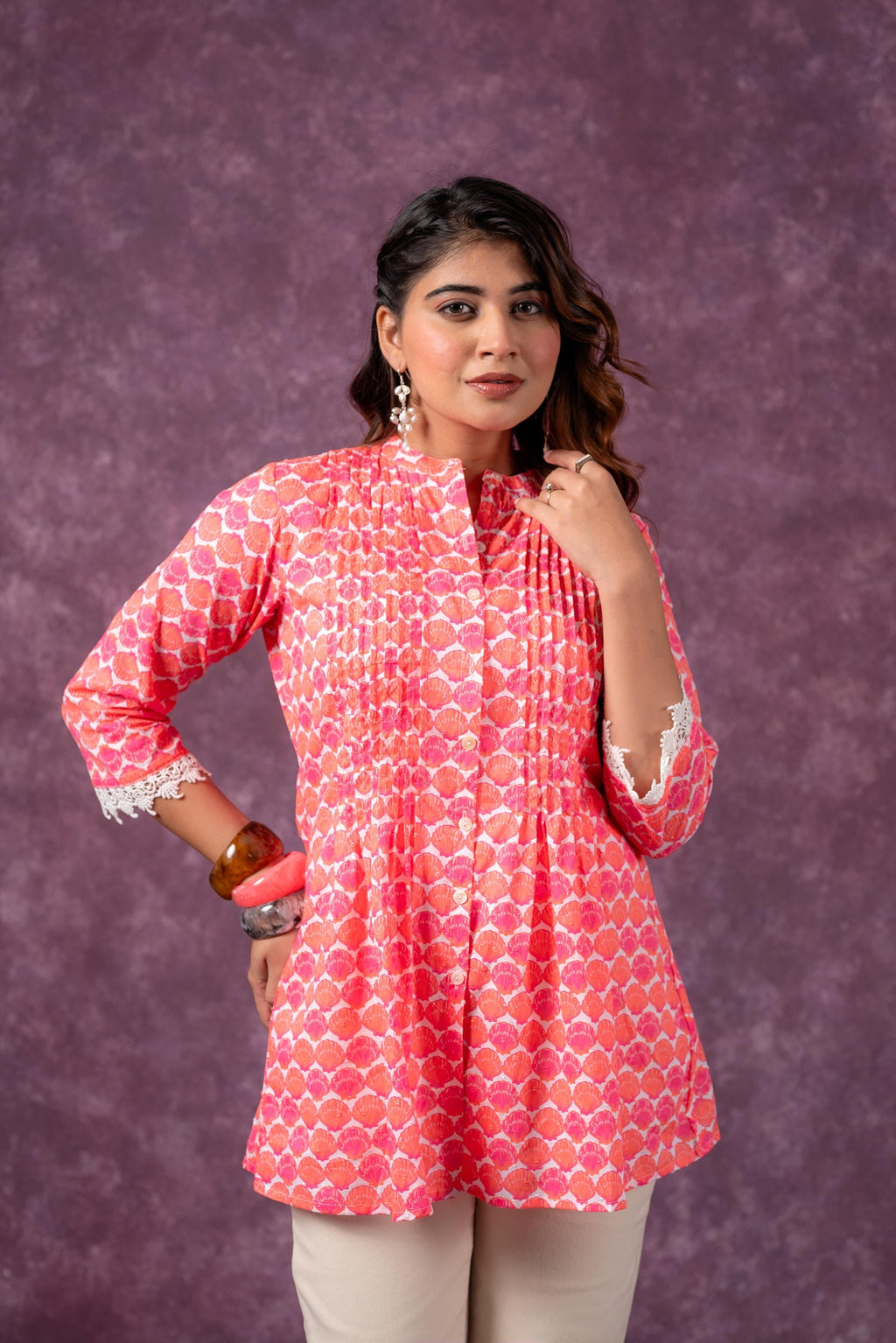 Juniper Orange Blossom Printed Short Peplum Kurti With Lace Sleeves | Grocsy