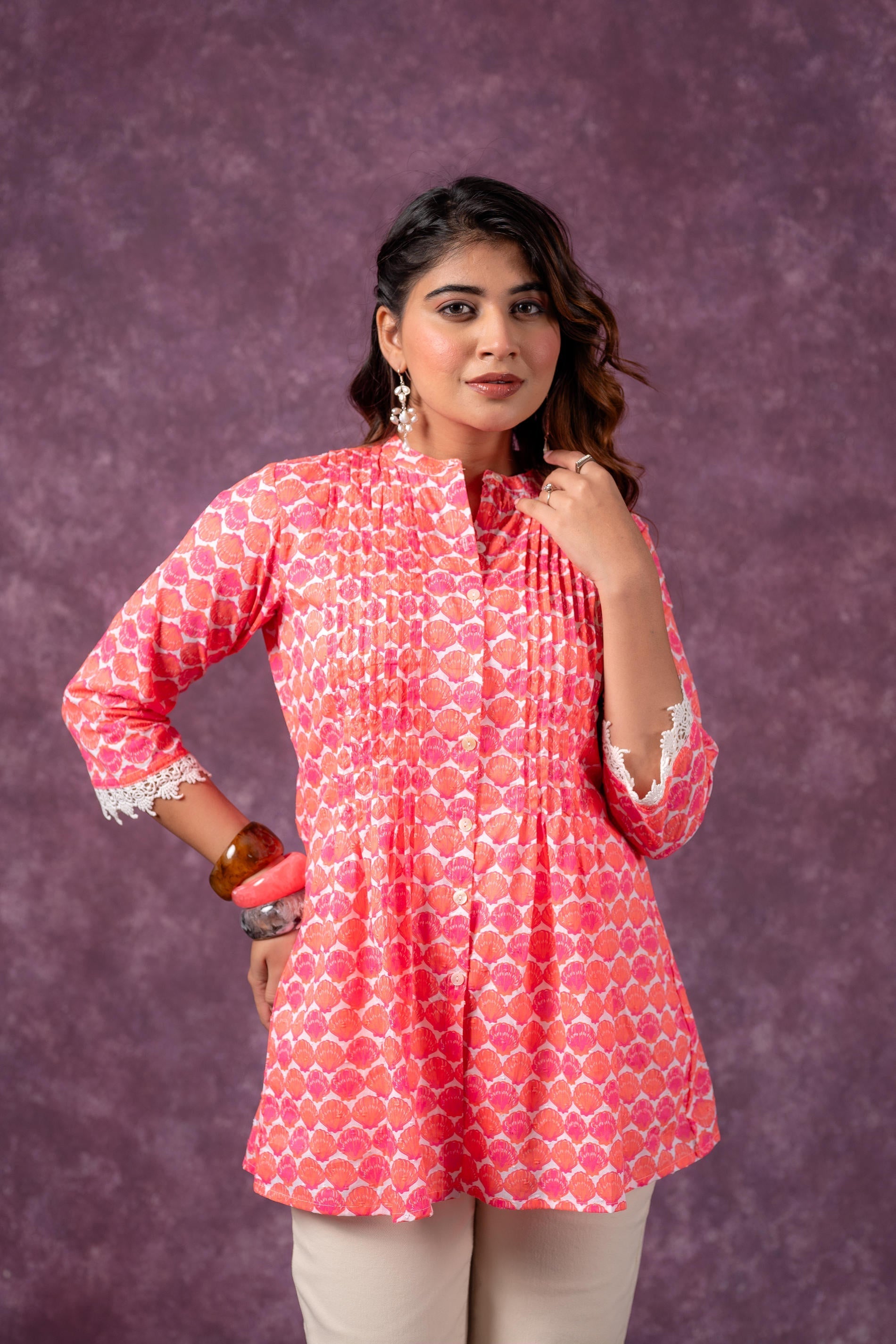 Juniper Orange Blossom Printed Short Peplum Kurti With Lace Sleeves | Grocsy