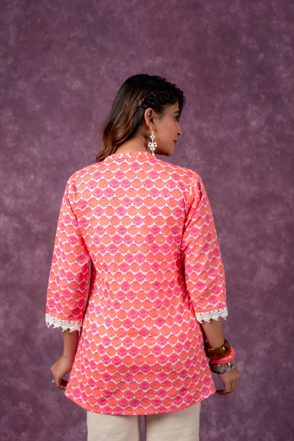 Juniper Orange Blossom Printed Short Peplum Kurti With Lace Sleeves | Grocsy