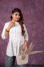 Juniper Cloud Blossom Printed Short Peplum Kurti With Lace Sleeves | Grocsy
