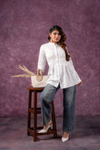 Juniper Cloud Blossom Printed Short Peplum Kurti With Lace Sleeves | Grocsy
