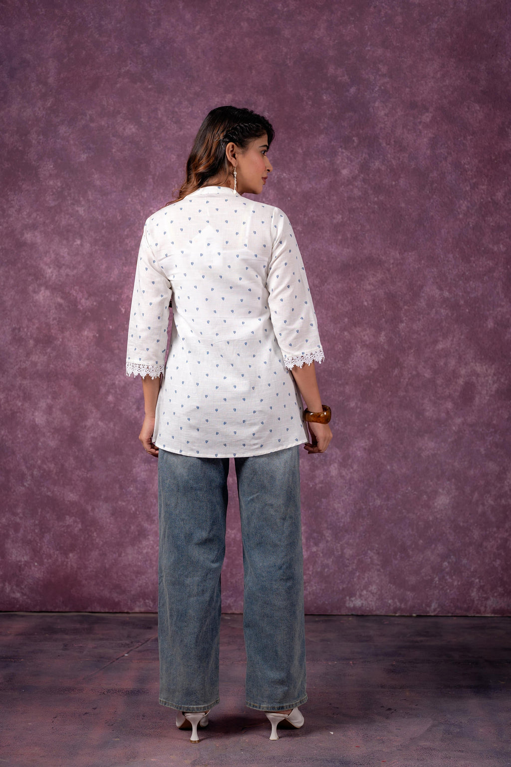 Juniper Cloud Blossom Printed Short Peplum Kurti With Lace Sleeves | Grocsy
