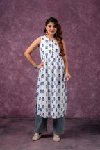 Juniper Indigo Leaf Printed Sleeveless Long Kurta | Grocsy