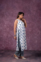 Juniper Indigo Leaf Printed Sleeveless Long Kurta | Grocsy