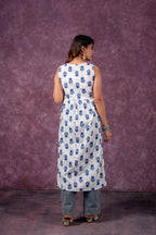 Juniper Indigo Leaf Printed Sleeveless Long Kurta | Grocsy