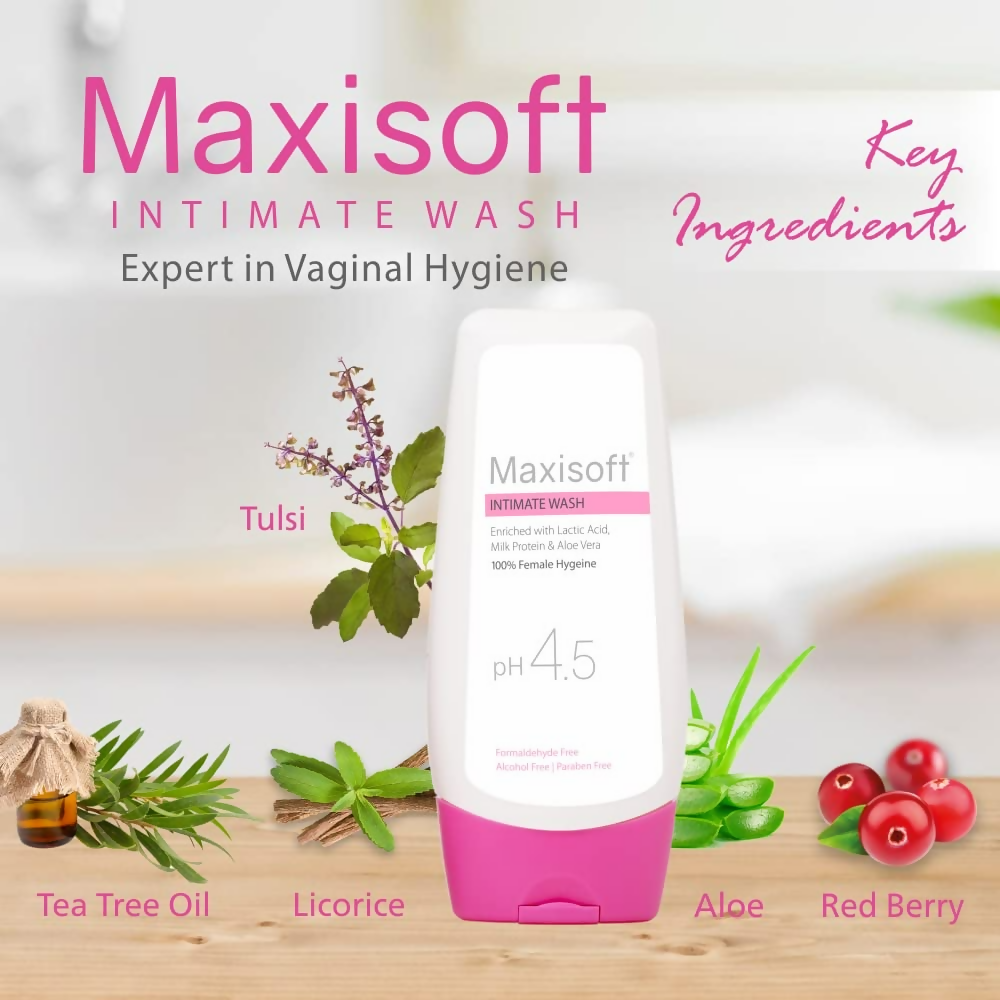 Maxisoft Intimate Wash With Aloe Vera, Glycerine Licorice Redberry Tea Tree Oil & Tulsi pH 4.5 Balanced | Grocsy