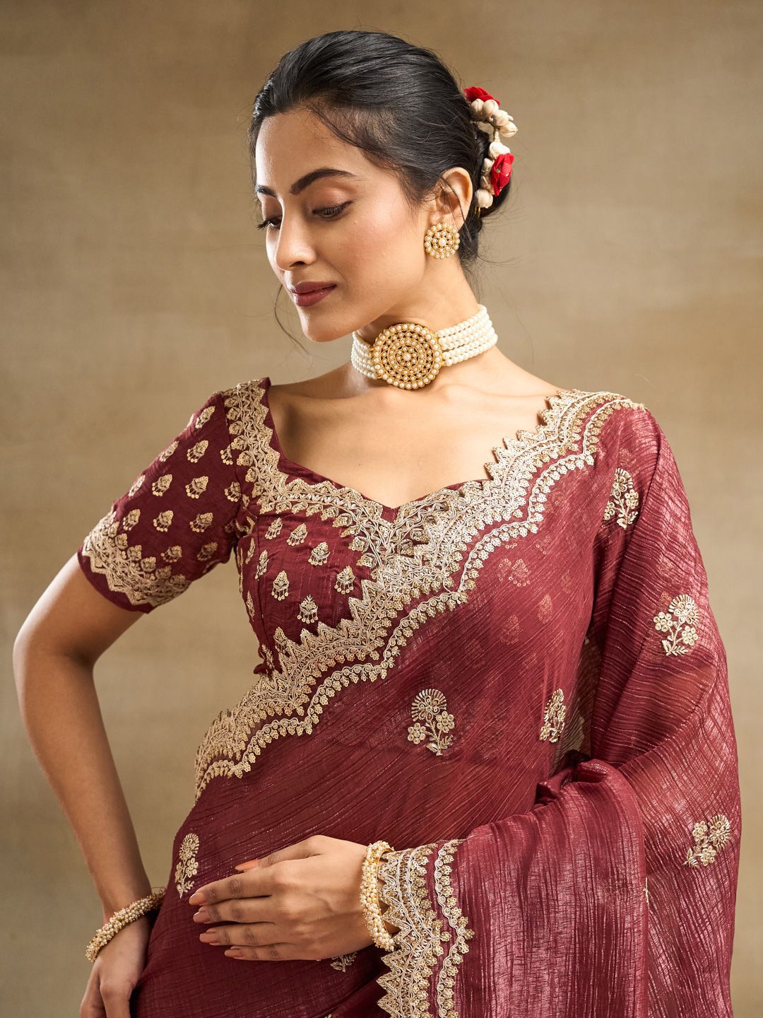 kasee Floral Embroidered Pure Silk Saree | Grocsy