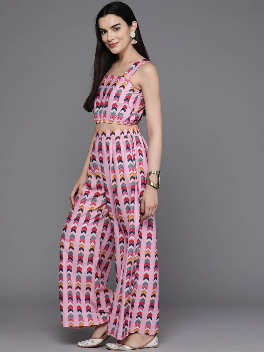 Ahalyaa Women Printed Crop Top with Palazzos & Jacket - Multi Color | Grocsy