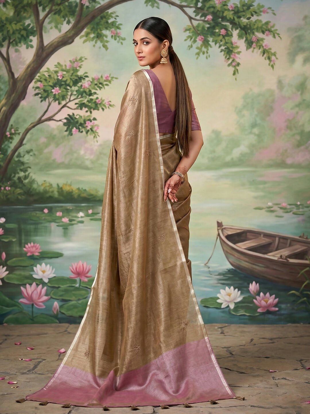 Shree Shyam Fashion Brown Tissue Silk Saree | Grocsy