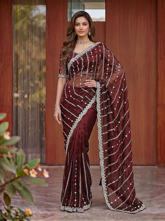 Lehenga Mart Designer Bollywood Style Party Wear Saree-Maroon | Grocsy