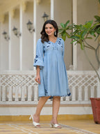 Juniper Women's Blue Thread Embroidered Cotton Denim Dress | Grocsy