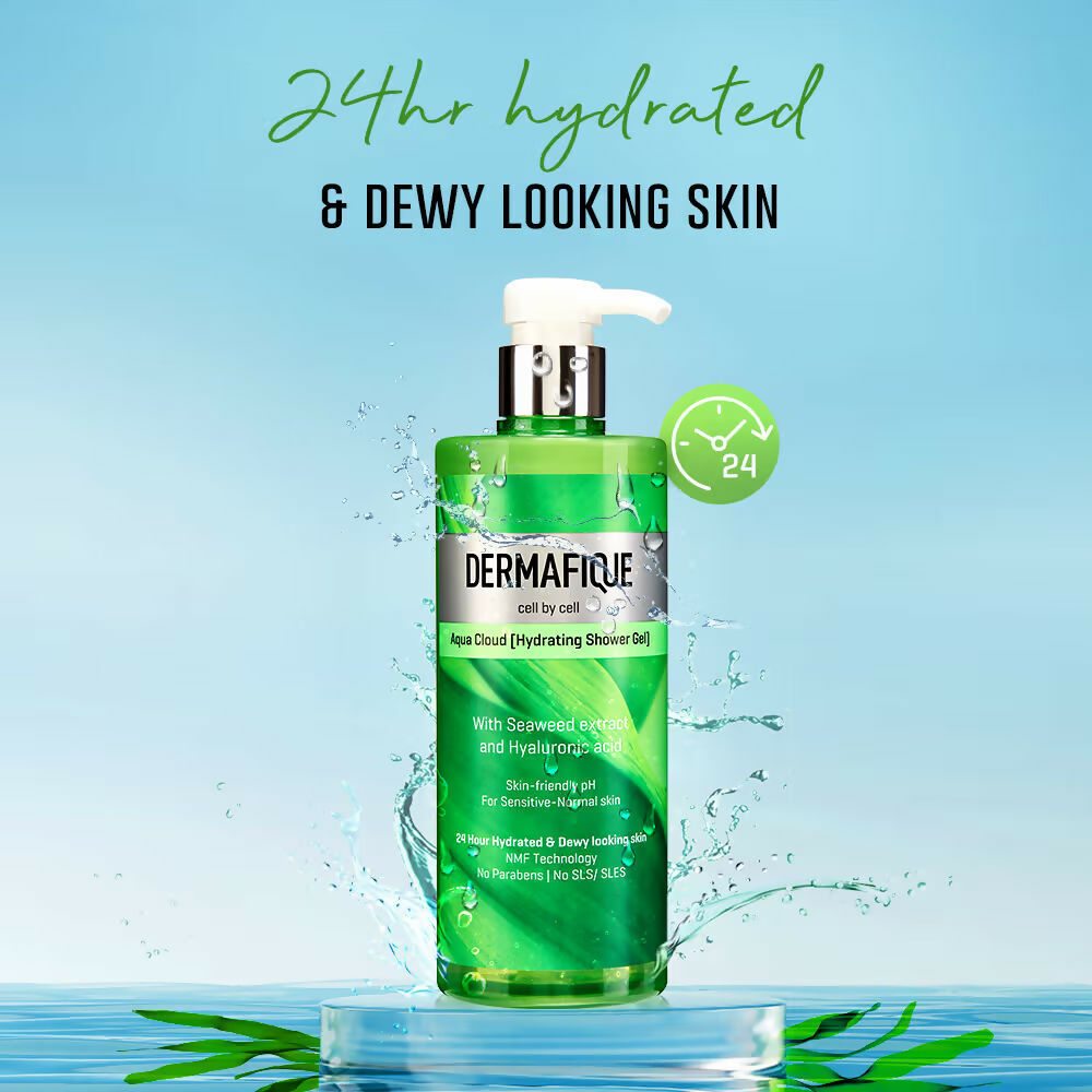 Dermafique Aqua Cloud Hydrating Shower Gel - Hyaluronic Acid, 24 hrs Hydration & Dewy-looking Skin | Grocsy