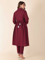 Aramya Maroon Linen Cotton Solid Print A-line Kurta Set for Women | Grocsy