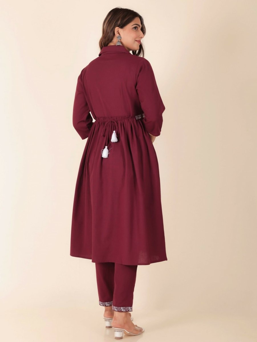 Aramya Maroon Linen Cotton Solid Print A-line Kurta Set for Women | Grocsy