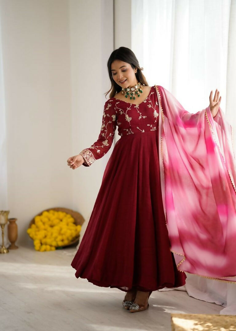 Teeya Creation Maroon Color Crunchy Silk Embroidery Work Gown | Grocsy