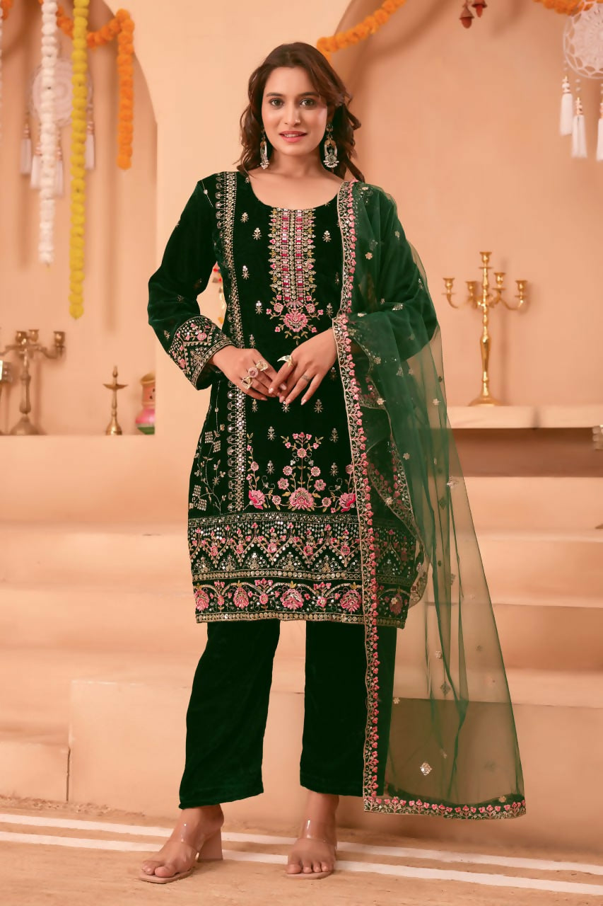 Joban Fashion Green Velvet Embroidery Sequence Work Readymade Kurta Set | Grocsy