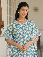 Aramya Kaftan Soft Cotton Floral Print Women's Kurta Set - Blue | Grocsy