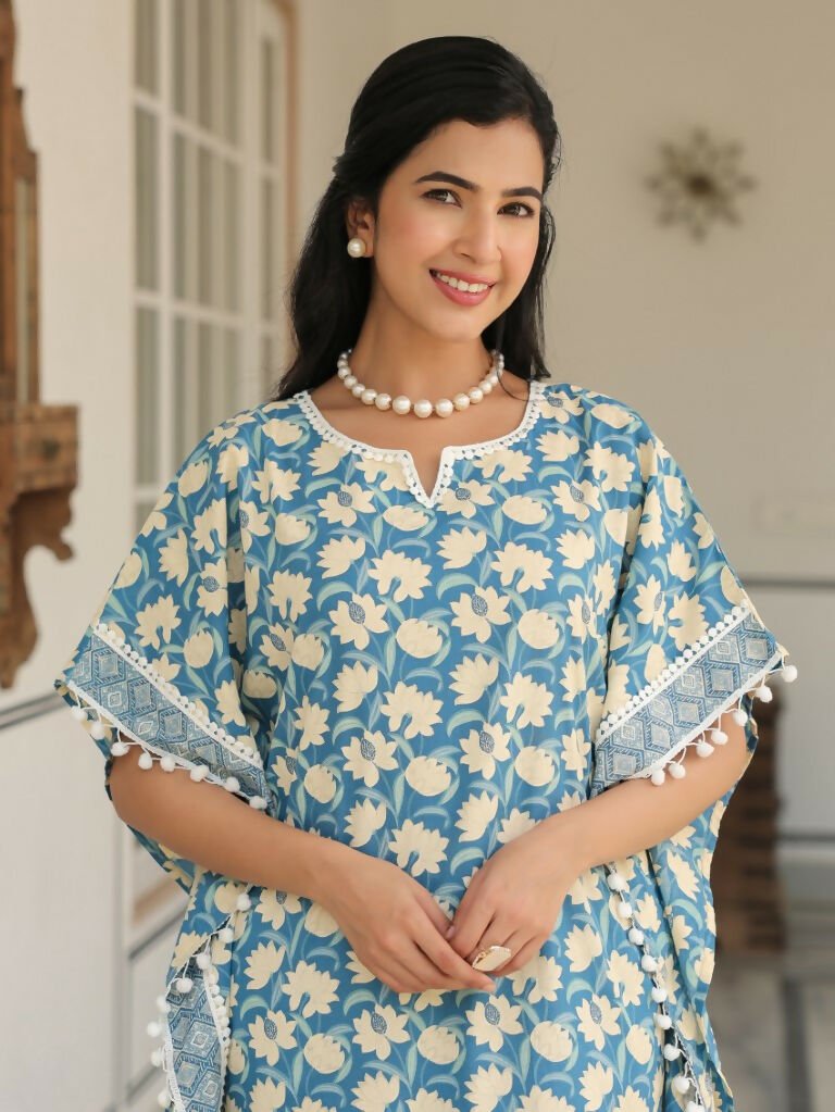 Aramya Kaftan Soft Cotton Floral Print Women's Kurta Set - Blue | Grocsy
