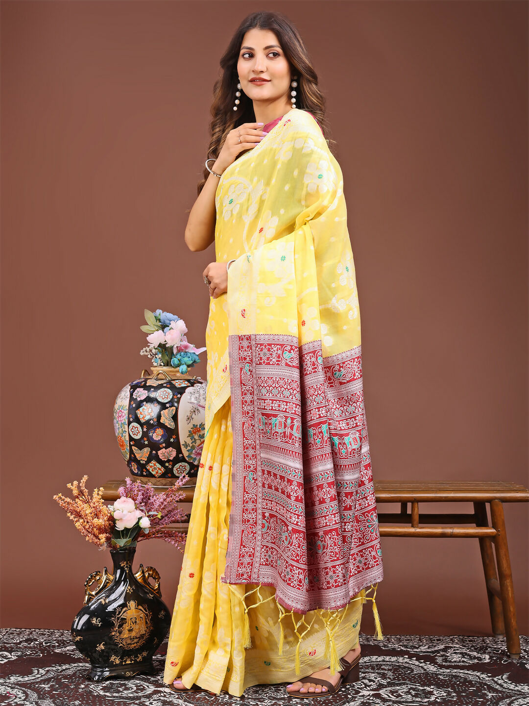 Shree Shyam Fashion Anaya Yellow Linen Cotton Saree | Grocsy
