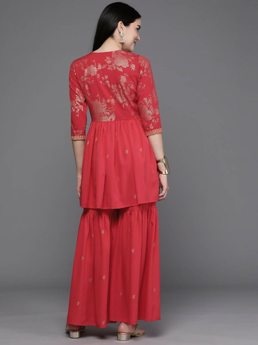 Ahalyaa Women Floral Printed Tunic with Palazzos - Red Color | Grocsy