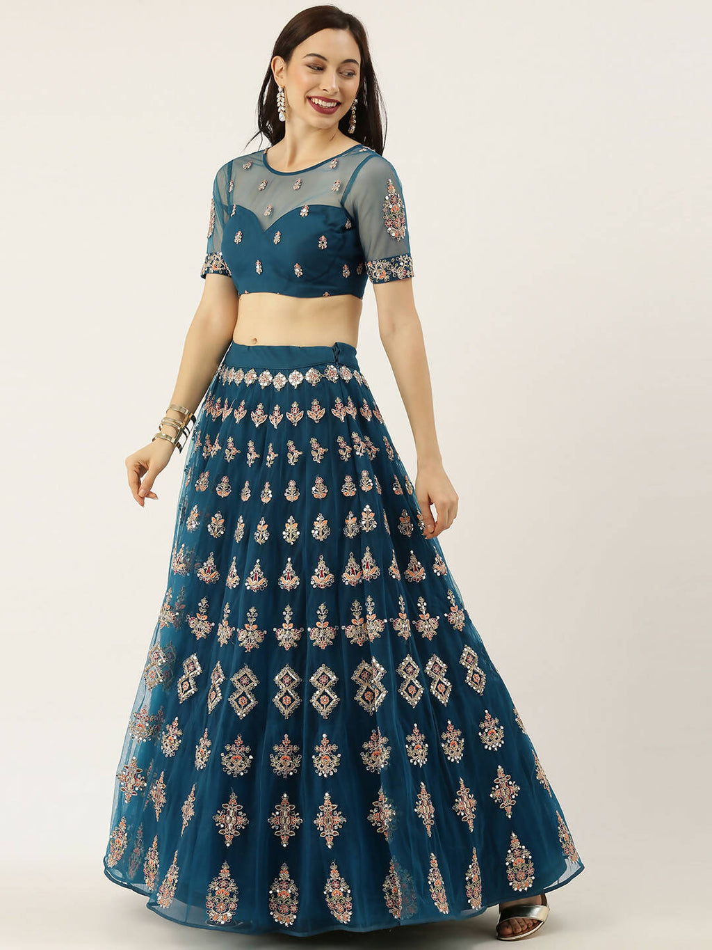 House of Panchhi Teal Net Semi stitched Mirror and Coding Work Lehenga Choli | Grocsy