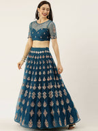 House of Panchhi Teal Net Semi stitched Mirror and Coding Work Lehenga Choli | Grocsy
