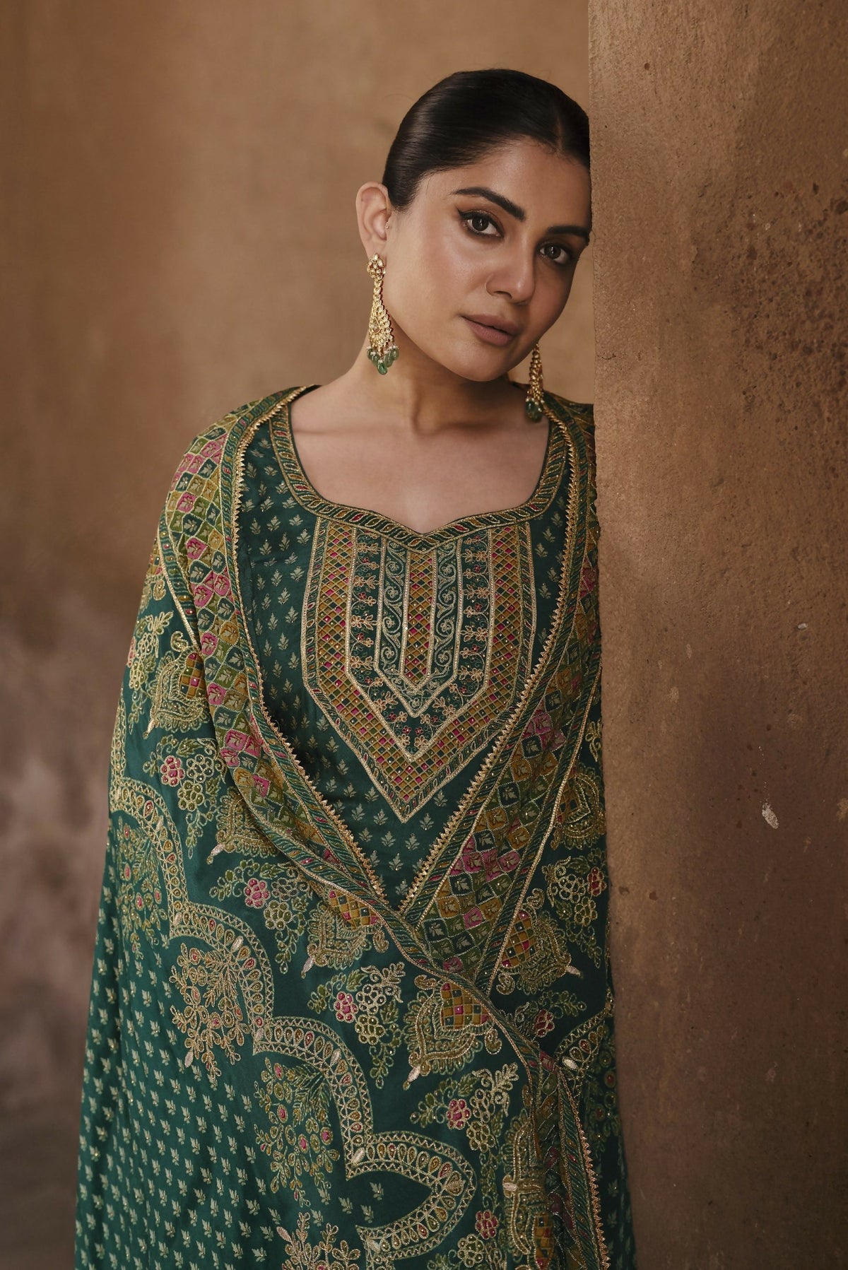Anaita Dark-Green Silk Readymade Palazzo Suit with Swarovski Work | Grocsy