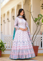 Partywear Designer White Dola Silk Anarkali suit with Dupatta- Samyukta | Grocsy