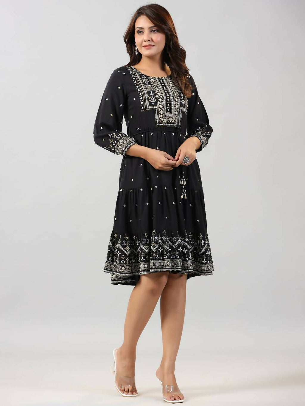 Juniper Women Black Rayon Printed Short Tiered Dress | Grocsy