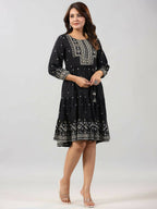 Juniper Women Black Rayon Printed Short Tiered Dress | Grocsy