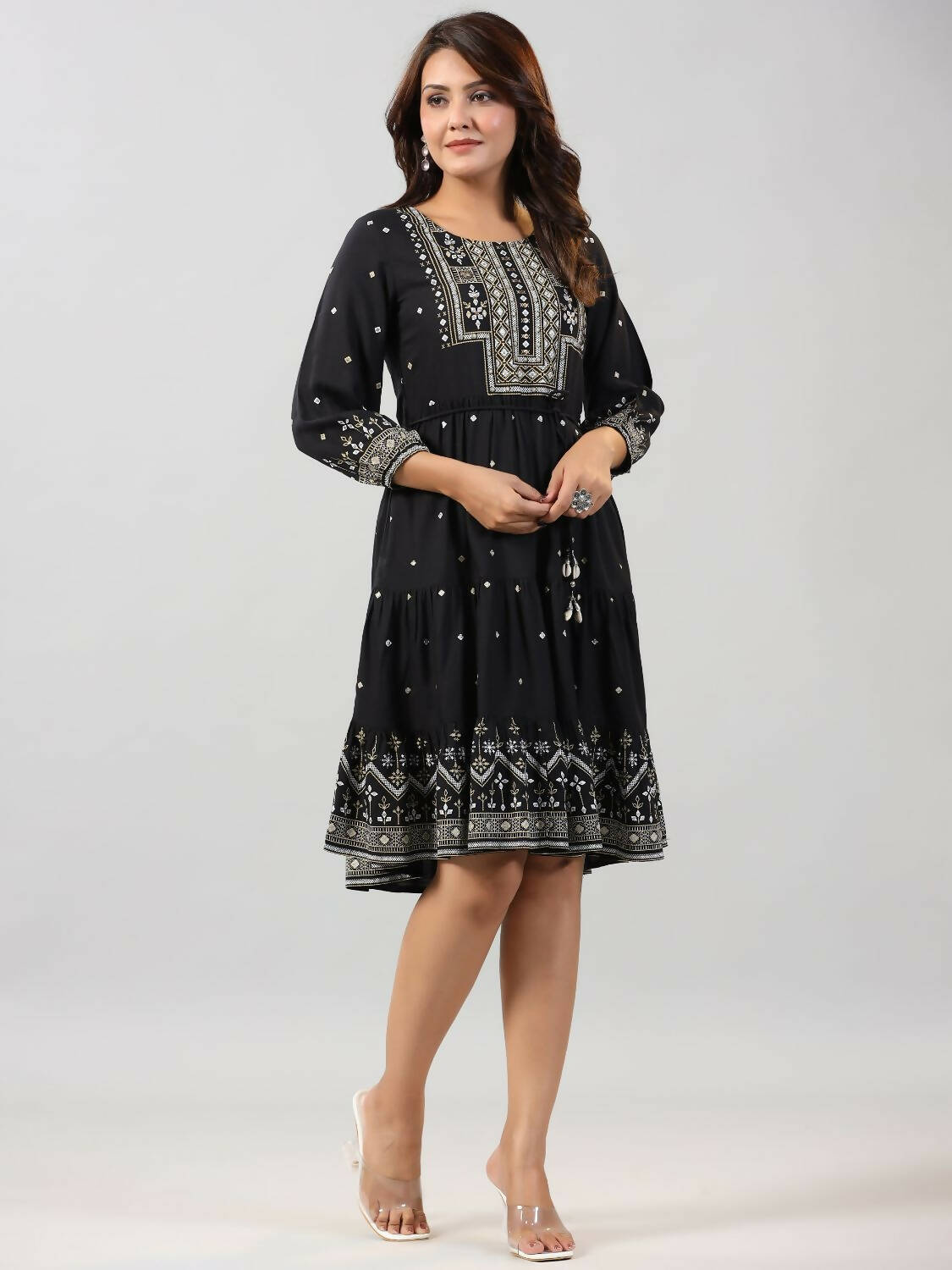 Juniper Women Black Rayon Printed Short Tiered Dress | Grocsy