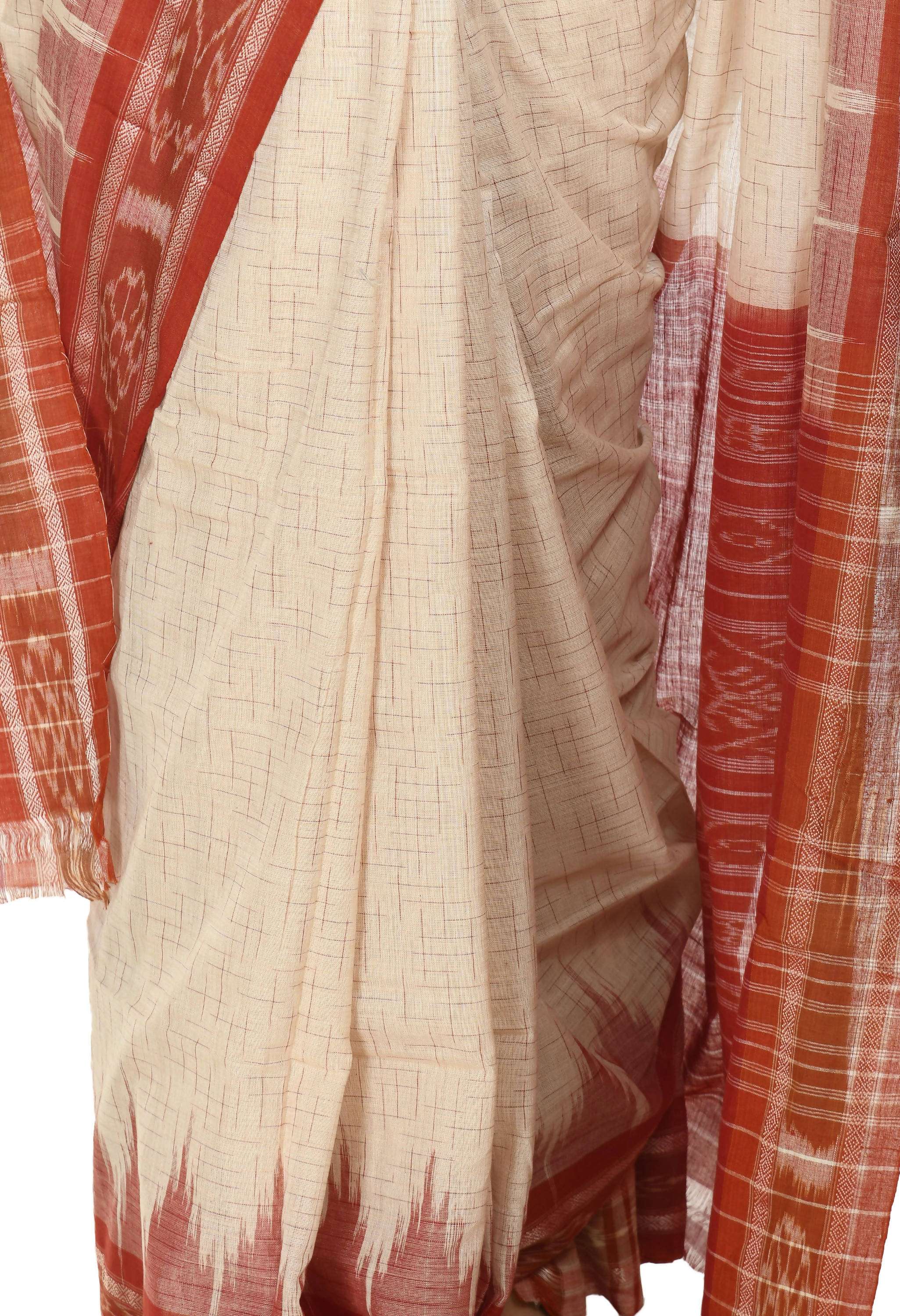 Vamika Sambalpuri Ikat Cotton Jharana Tasrite & Maroon Saree | Grocsy