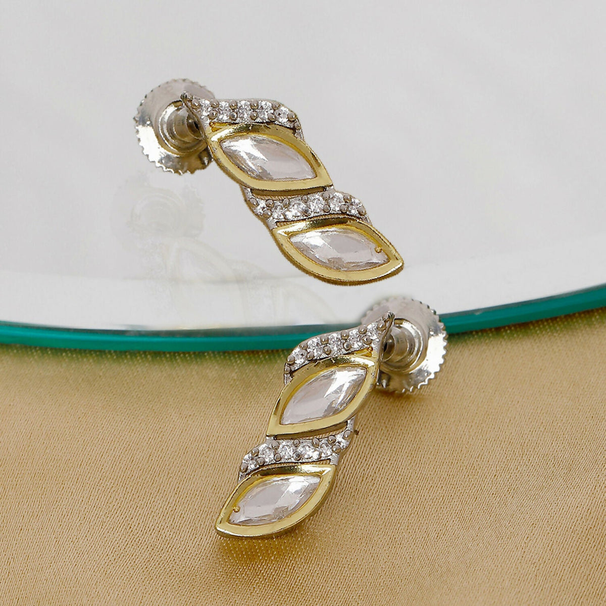 Boat Shaped Earrings with Diamond in Gold (Silver) - Ruby Raang | Grocsy