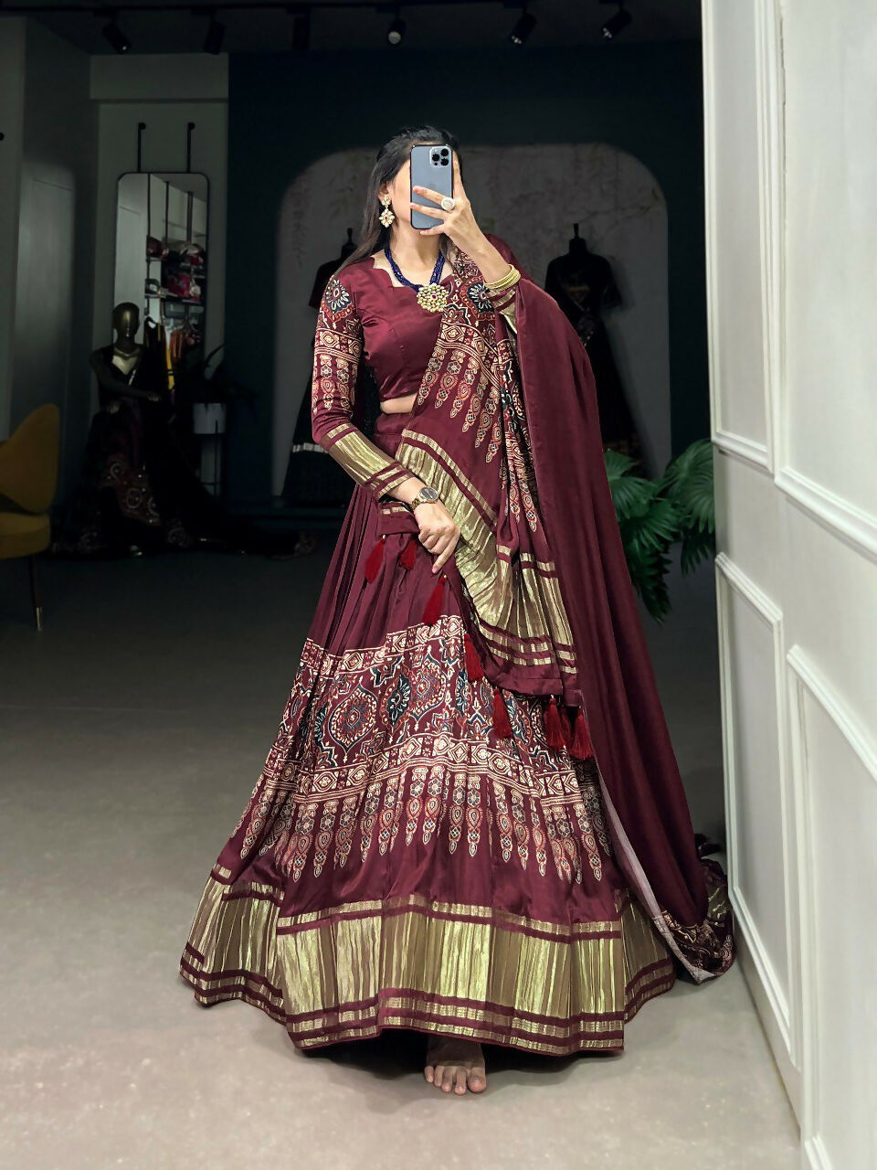 Vastranavya Traditional Every Occasion Gaji Silk Digital Print With Lagadi Patta Lehenga with Unstitched Blouse - Maroon | Grocsy