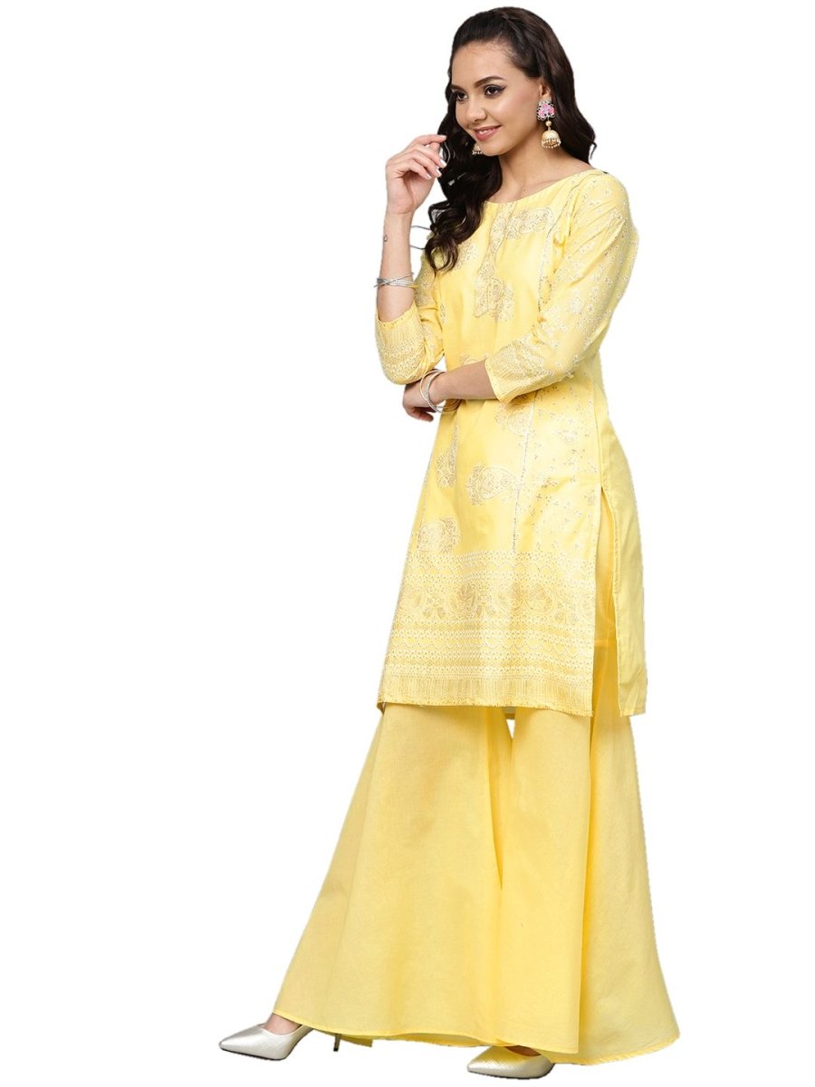 Ahalyaa Women's Cotton Blend Yellow Glitter Print Kurta Sharara Set With Dupatta | Grocsy