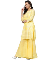 Ahalyaa Women's Cotton Blend Yellow Glitter Print Kurta Sharara Set With Dupatta | Grocsy