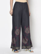 Aniyah Rayon Dark Grey Color Block Print Flared Slip-On Palazzo (AN-201K) | Grocsy