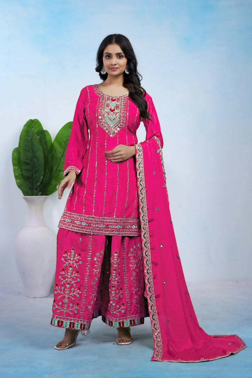 Joban Fashion Pink Silk Embroidered Sharara Set | Grocsy