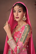 Vastranavya Pink Organza Silk Printed & Foil Mirror Work Anarkali Suit Set | Grocsy