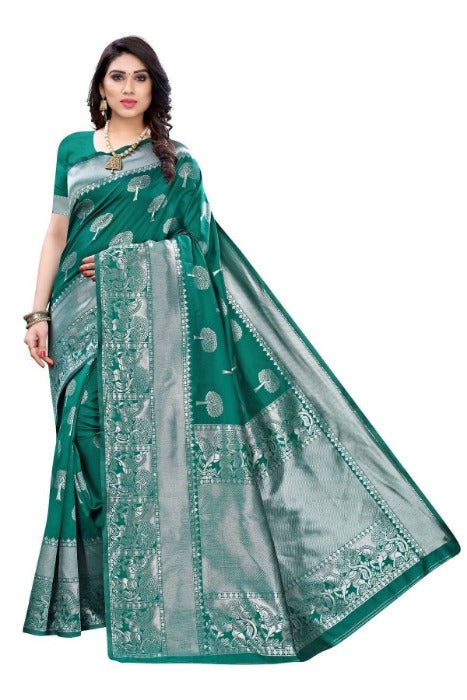 Vamika Banarasi Jacquard Weaving Rama Green Saree (AMEE RAMA) | Grocsy