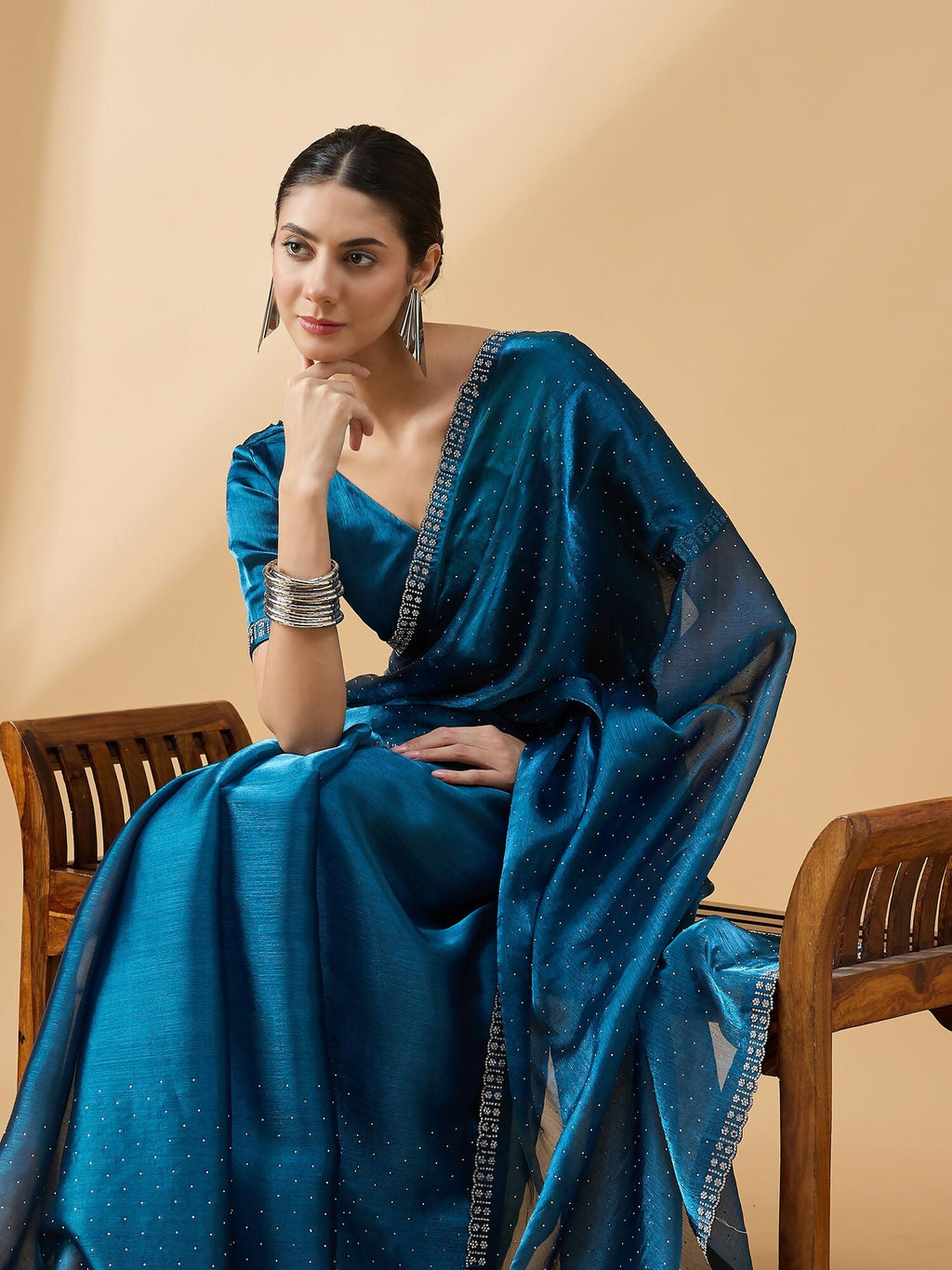 Teal Organza Swaroski Diamond Work Saree with Unstitched Blouse - Radha | Grocsy