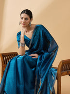 Teal Organza Swaroski Diamond Work Saree with Unstitched Blouse - Radha | Grocsy