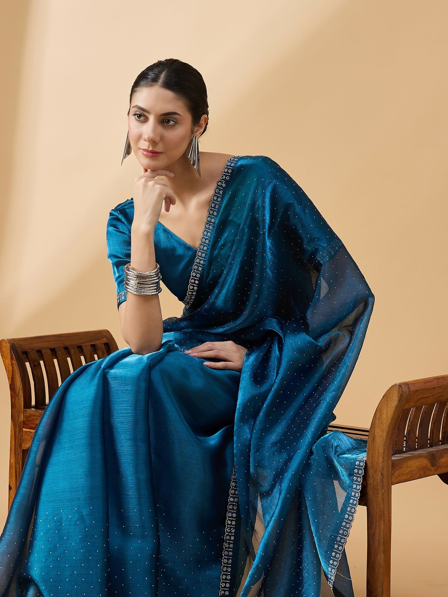 Teal Organza Swaroski Diamond Work Saree with Unstitched Blouse - Radha | Grocsy