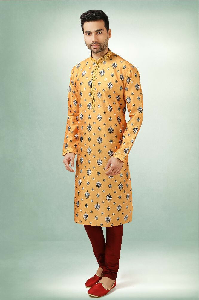 Raivat Ethnic Art Silk Printed Work Kurta Pajama In Yellow Colour | Grocsy