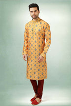 Raivat Ethnic Art Silk Printed Work Kurta Pajama In Yellow Colour | Grocsy