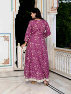 Miravan Women's Cotton Gotapatti And Lace Border Details Floral Printed Purple Anarkali Kurta | Grocsy